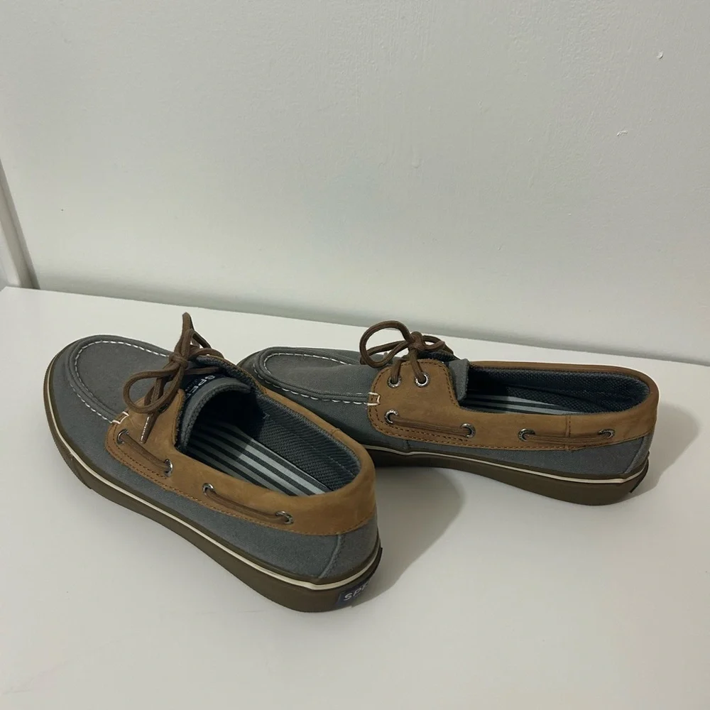 SPERRY TOPSIDER BOAT SHOES MENS SIZE 9 M BROWN LEATHER & GRAY CANVAS 2 EYELET